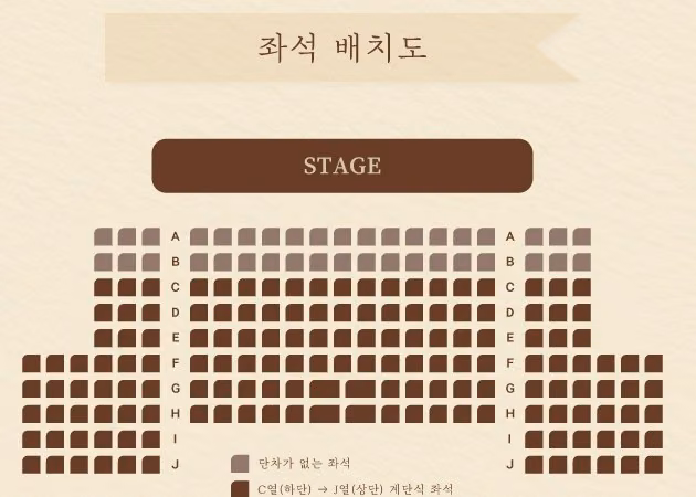 구름아래소극장 좌석 배치도(A~J열)